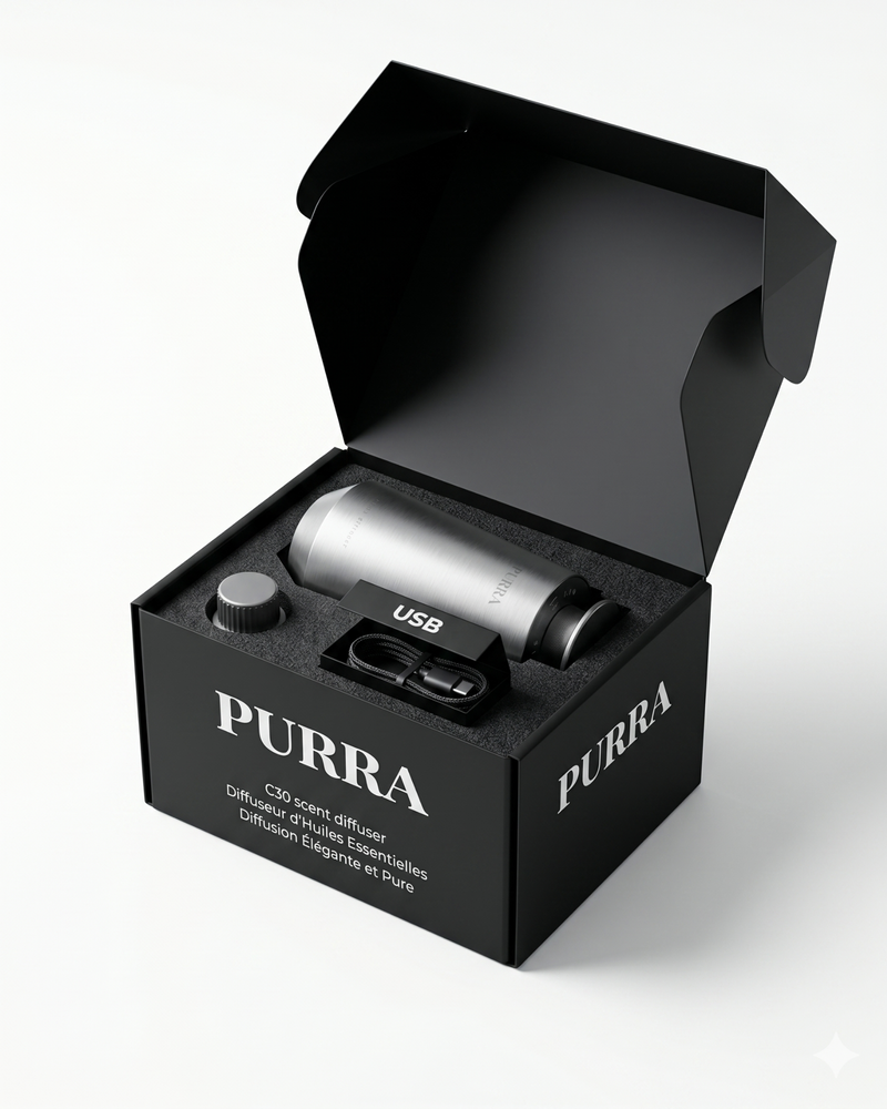 Diffuseur PURRA en écrin noir, cadeau haut de gamme à offrir à un homme