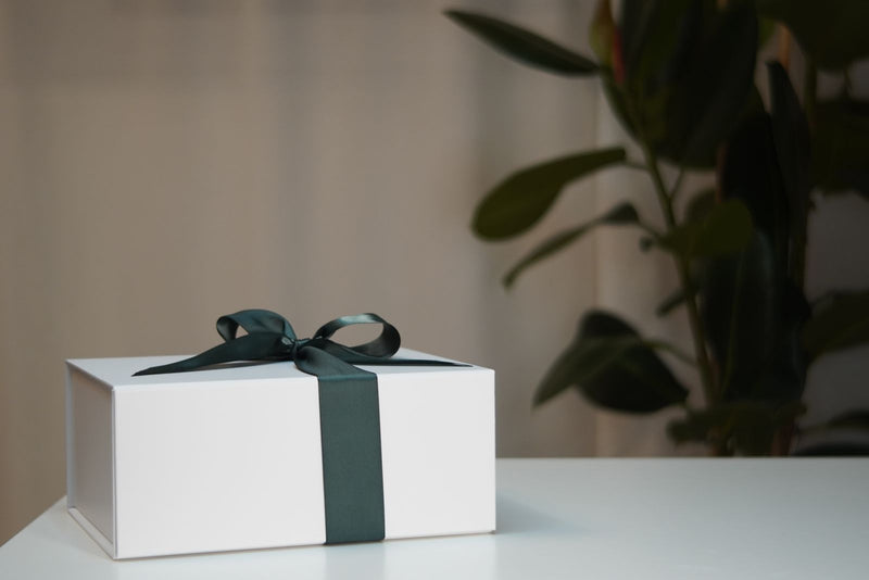 Coffret blanc noué d'un ruban de satin vert posé près d'une plante verte dans un intérieur clair, une idée de cadeau de Saint-Valentin pour la maison